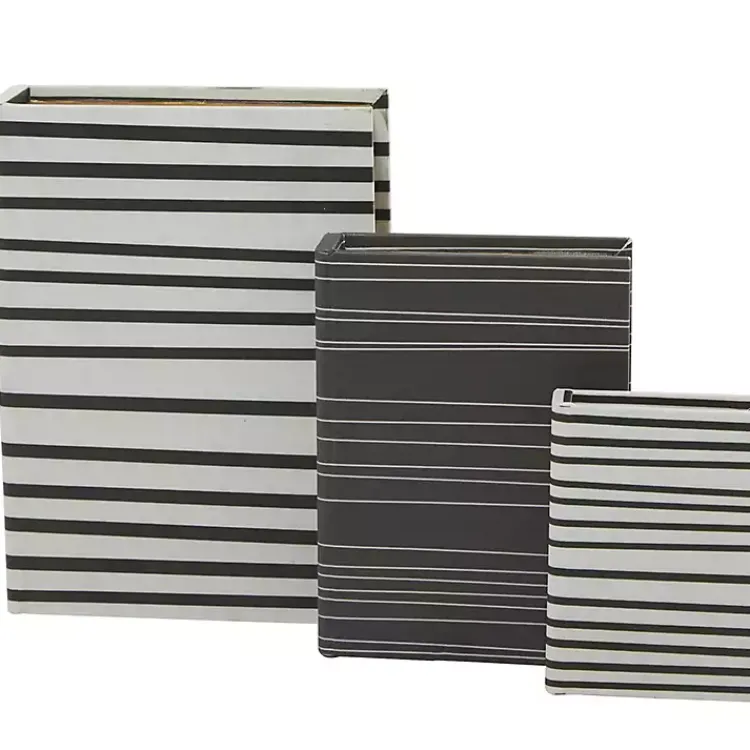 Baskets & Boxes>Kirklands Home Gray and White Striped Book Boxes, Set of 3