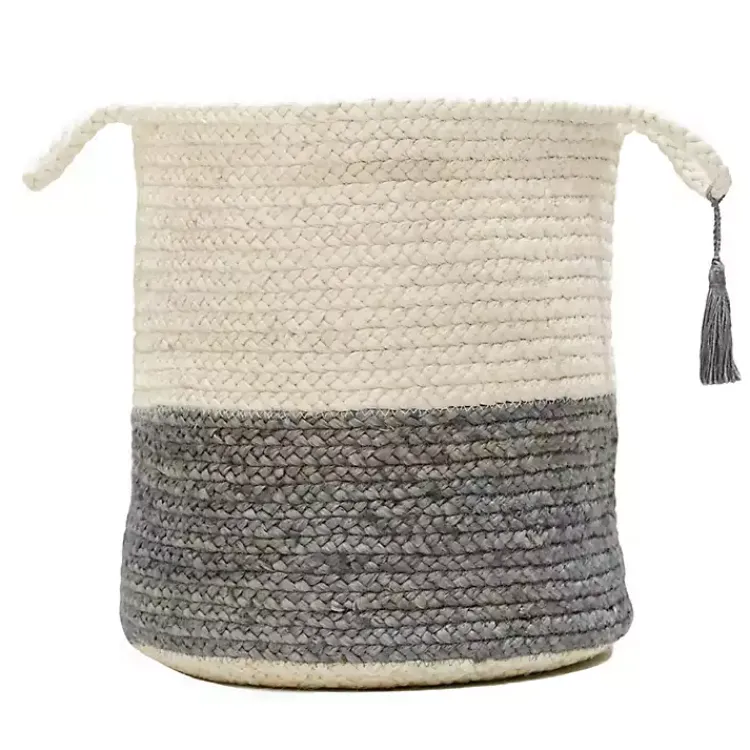 Baskets & Boxes>Kirklands Home Gray and White Woven Basket with Tassel, 17 in.