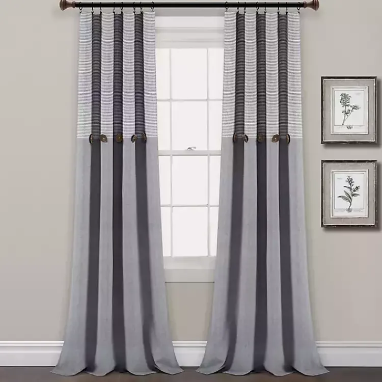 Kirklands Home Gray Button and Stripe Curtain Panel Set, 95 in. Clearance