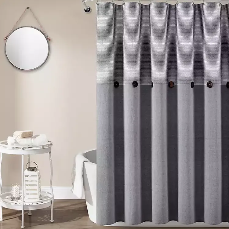Kirklands Home Button and Stripe Shower Curtain Gray New
