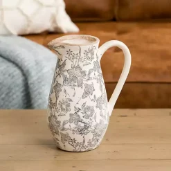 Vases>Kirklands Home Gray Ceramic Vintage Floral Pitcher Vase