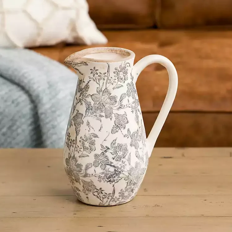Vases>Kirklands Home Gray Ceramic Vintage Floral Pitcher Vase