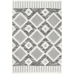 Kirklands Home Gray Checkered Tiles Area Rug with Tassels, 5x7 Outlet