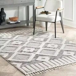 Kirklands Home Gray Checkered Tiles Area Rug with Tassels, 5x7 Outlet