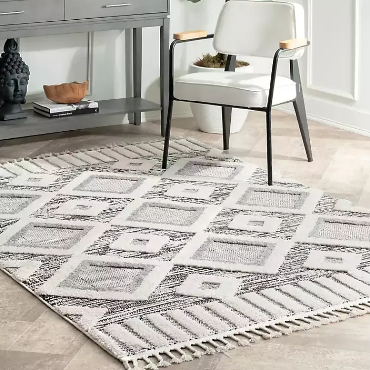 Kirklands Home Gray Checkered Tiles Area Rug with Tassels, 5x7 Outlet