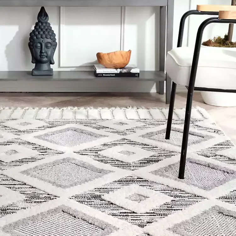 Kirklands Home Gray Checkered Tiles Area Rug with Tassels, 5x7 Outlet