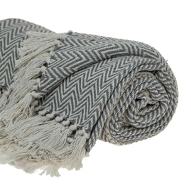 Blankets & Throws>Kirklands Home Gray Chevron Cotton Handloomed Tassel Throw