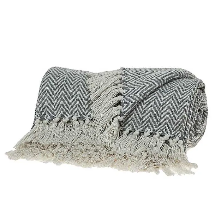 Blankets & Throws>Kirklands Home Gray Chevron Cotton Handloomed Tassel Throw