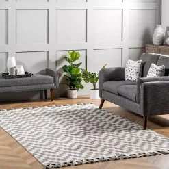 Kirklands Home Gray Chevron Cotton Tassel Area Rug, 8x10