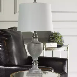 Kirklands Home Gray Faux Wood and Silver Table Lamp White Discount