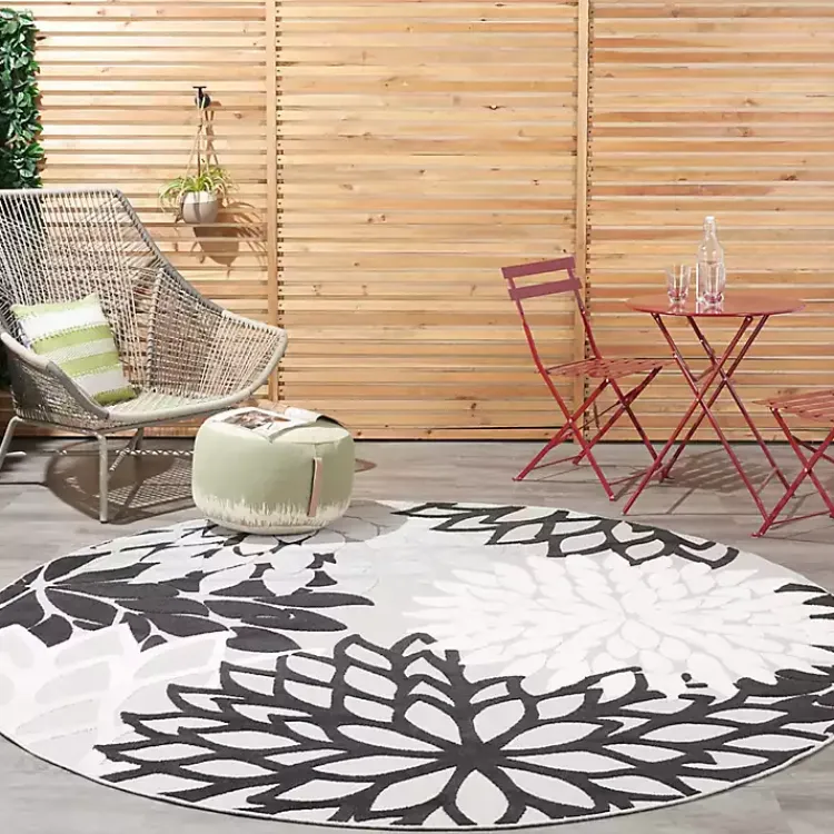 Kirklands Home Gray Floral Burst Round Outdoor Area Rug Outlet