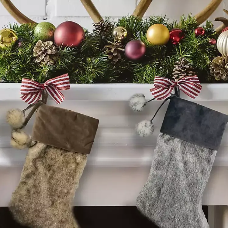 Christmas Stockings & Stocking Holders>Kirklands Home Fur and Corduroy Pom Stocking Gray