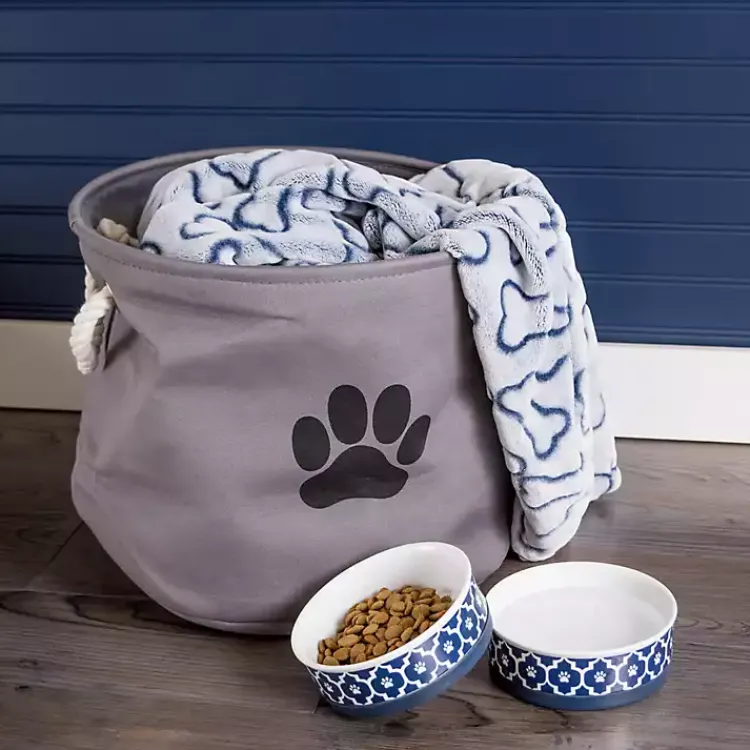 Baskets & Boxes>Kirklands Home Gray Paw Print Round Basket with Handles