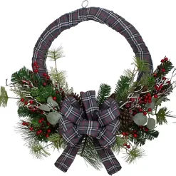 Christmas Wreaths>Kirklands Home Gray Plaid Pine and Berries Wreath