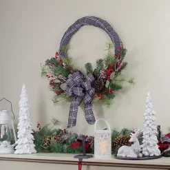 Christmas Wreaths>Kirklands Home Gray Plaid Pine and Berries Wreath