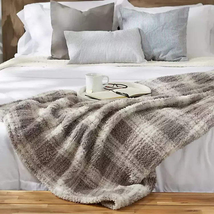 Blankets & Throws>Kirklands Home Plaid Plush Throw Gray