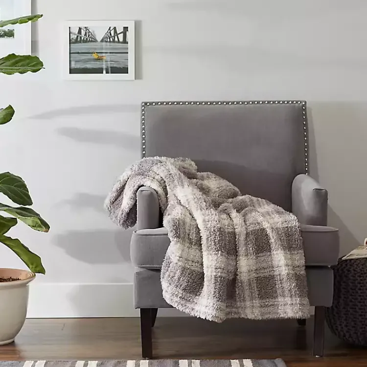 Blankets & Throws>Kirklands Home Plaid Plush Throw Gray