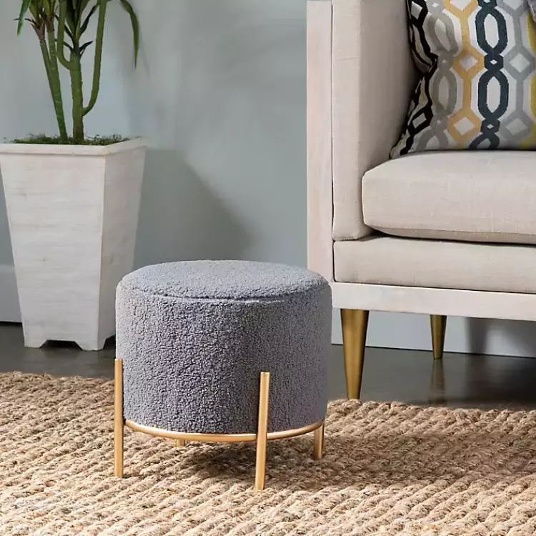 Kirklands Home Sherpa Upholstered Round Ottoman Gray