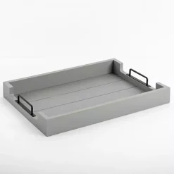 Decorative Trays>Kirklands Home Slatted Wood & Metal Handles Tray Gray