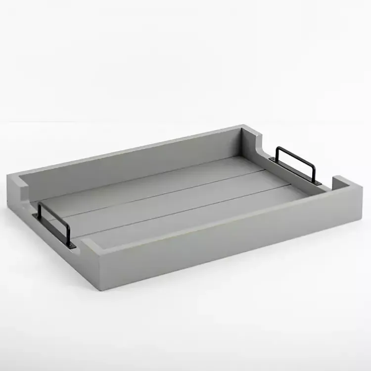 Decorative Trays>Kirklands Home Slatted Wood & Metal Handles Tray Gray