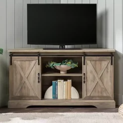 Kirklands Home Sliding Barn Doors Corner TV Stand Gray Best