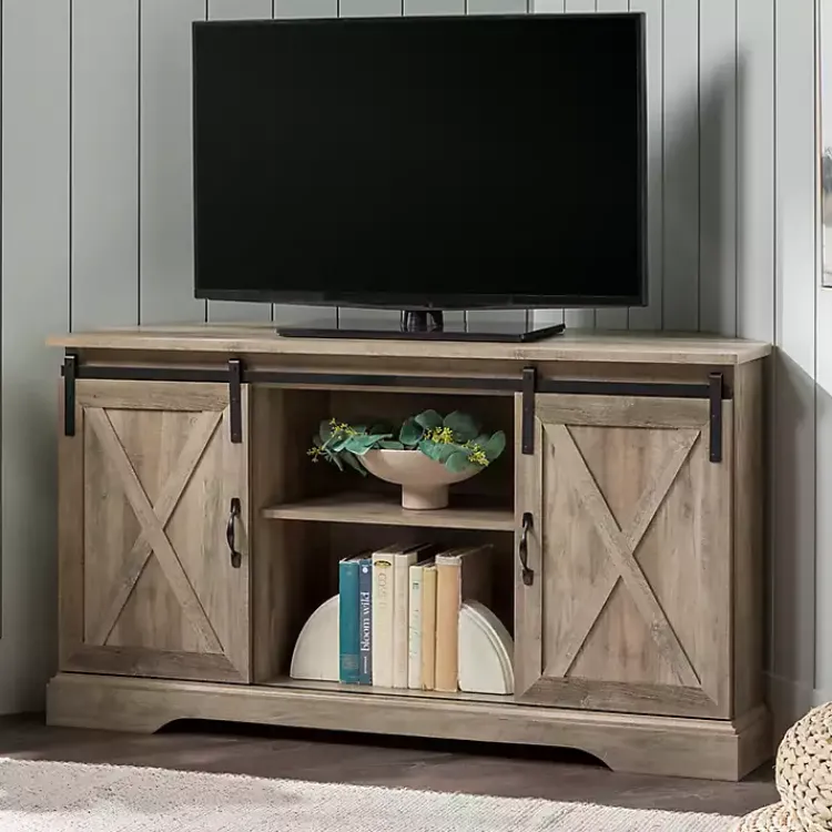 Kirklands Home Sliding Barn Doors Corner TV Stand Gray Best
