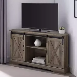Kirklands Home Sliding Barn Doors Corner TV Stand Gray Best