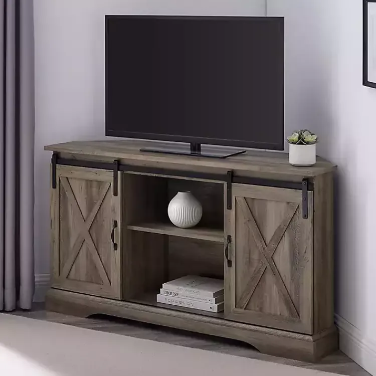 Kirklands Home Sliding Barn Doors Corner TV Stand Gray Best