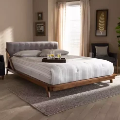 Kirklands Home Tufted and Natural Walnut King Platform Bed Gray New