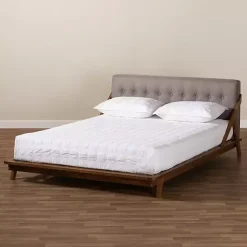 Kirklands Home Tufted and Natural Walnut King Platform Bed Gray New