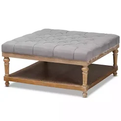 Kirklands Home Upholstered Linen Tufted Ottoman with Shelf Gray Best