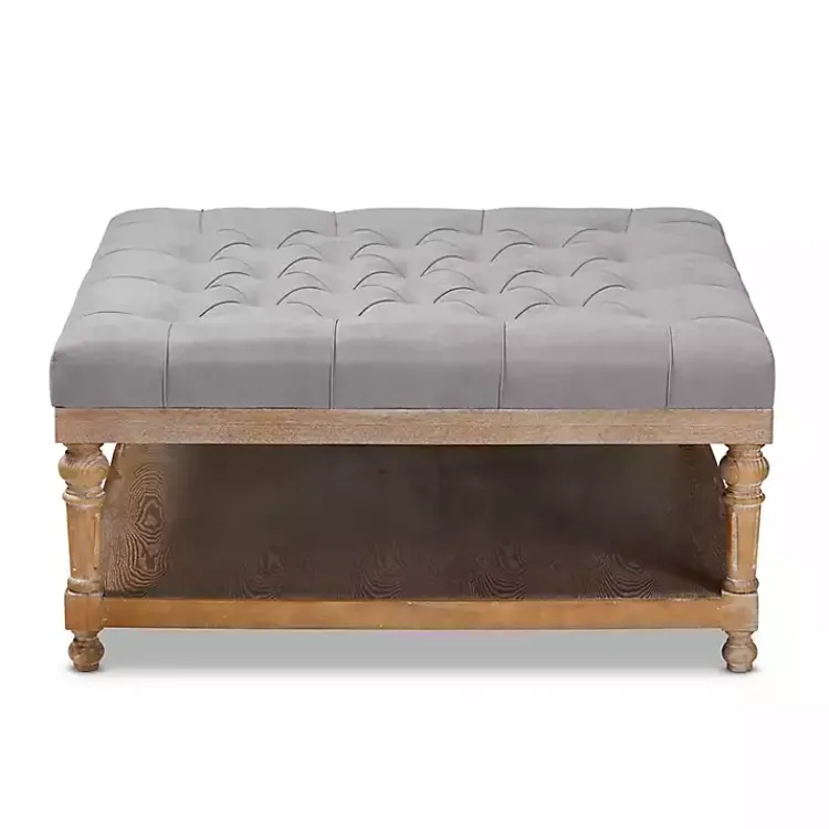 Kirklands Home Upholstered Linen Tufted Ottoman with Shelf Gray Best