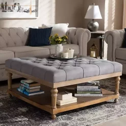 Kirklands Home Upholstered Linen Tufted Ottoman with Shelf Gray Best