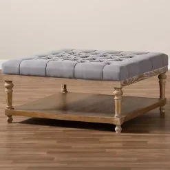 Kirklands Home Upholstered Linen Tufted Ottoman with Shelf Gray Best