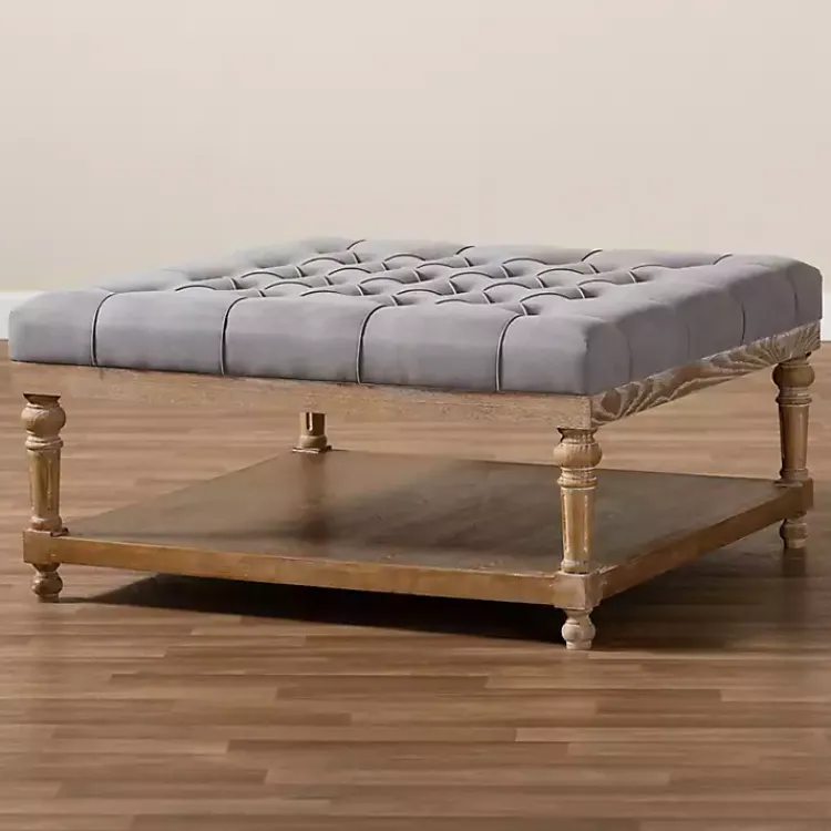 Kirklands Home Upholstered Linen Tufted Ottoman with Shelf Gray Best