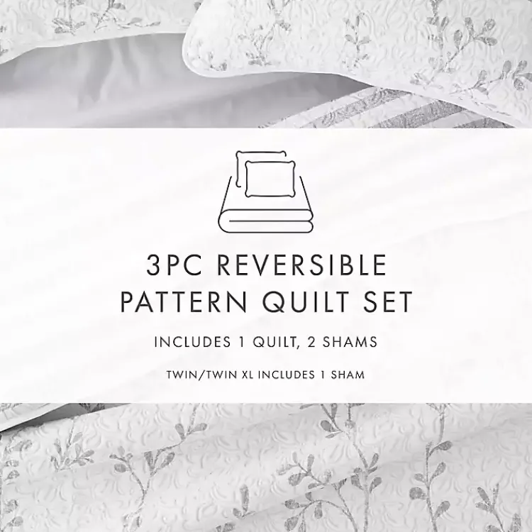 Kirklands Home Gray Vines Reversible 3-pc. King Quilt Set New