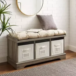 Kirklands Home Gray Wash Entryway Bench and Storage Bins Tan Online