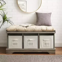 Kirklands Home Gray Wash Entryway Bench and Storage Bins Tan Online