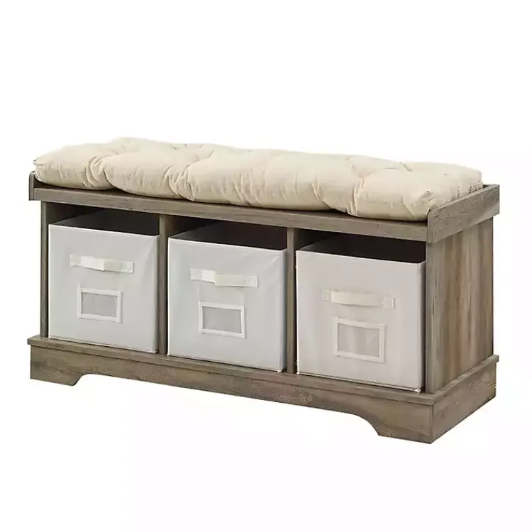 Kirklands Home Gray Wash Entryway Bench and Storage Bins Tan Online