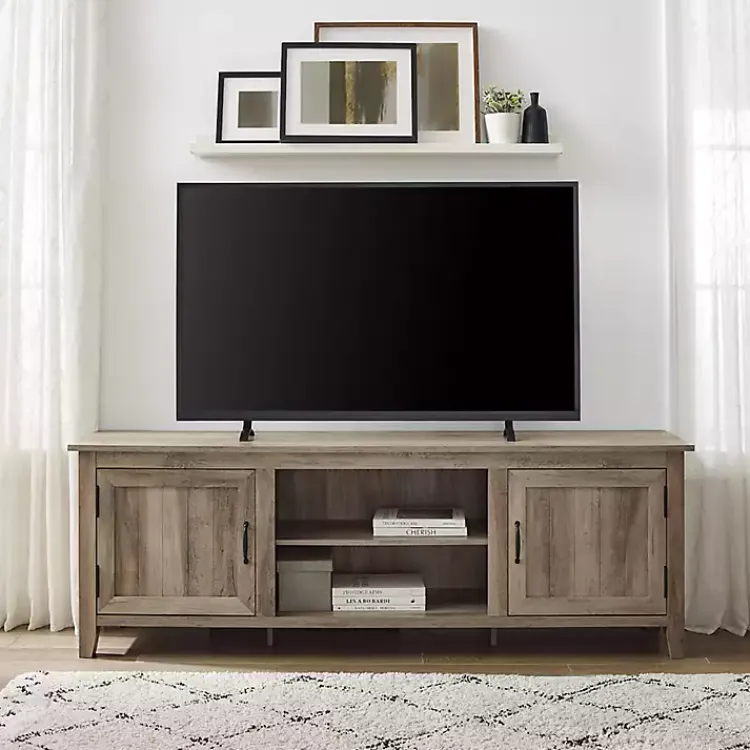 Kirklands Home Gray Wash Wood Grooved Door TV Stand Brown