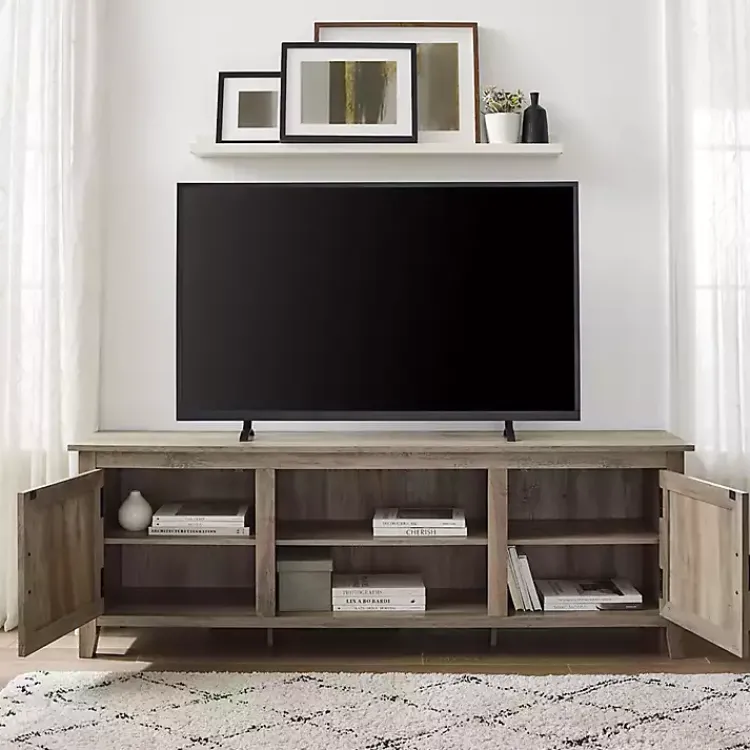 Kirklands Home Gray Wash Wood Grooved Door TV Stand Brown