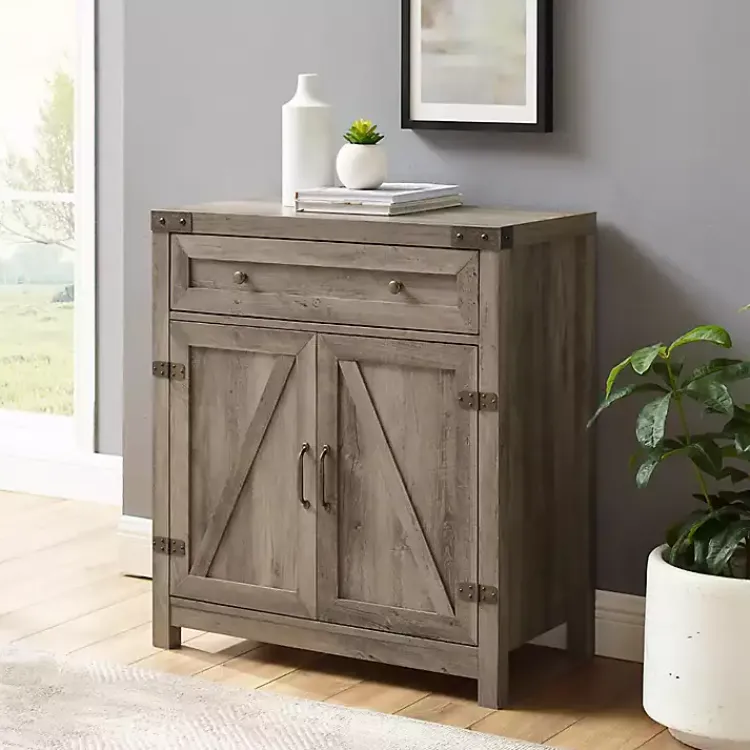 Kirklands Home Wash Wooden and Metal Barn Door Cabinet Gray Outlet