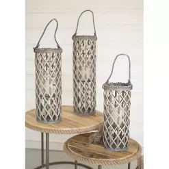 Lanterns>Kirklands Home Willow Lanterns with Glass Pillars, Set of 3 Gray