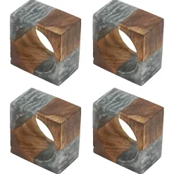 Kirklands Home Gray Wood and Resin Square Napkin Rings, Set of 4 Outlet