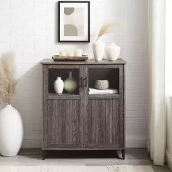 Kirklands Home Wood Glass Windows Storage Cabinet Gray Sale