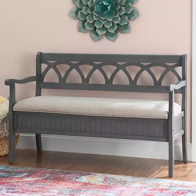 Kirklands Home Gray Wood Upholstered Storage Bench