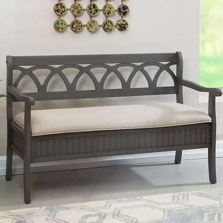 Kirklands Home Gray Wood Upholstered Storage Bench