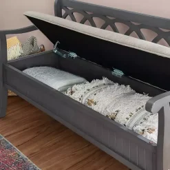 Kirklands Home Gray Wood Upholstered Storage Bench