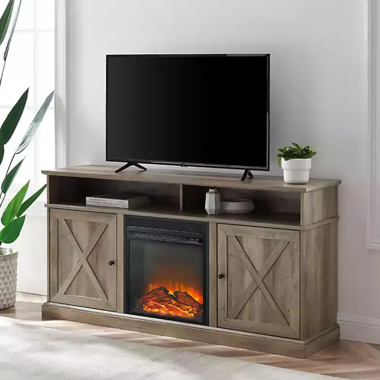 Kirklands Home Graywash Rustic Fireplace Cabinet Brown Discount