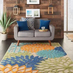 Kirklands Home Green and Blue Floral Burst Outdoor Area Rug, 6x9 Hot